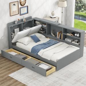 Bellemave Twin Corner Bed Frame, Captains Bedframe, Wood Twin Size Daybed with L-Shaped Bookcase and 2 DrawersDaybeds with Storage Cabinets, Gray