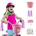 Kid's Bicycle Basket Streamers Set, Children's Bike Handlebar Wicker Basket with Colourful Bike Streamers Bell and Stickers, Bike Decoration Accessories Kit for Girls (Pink)