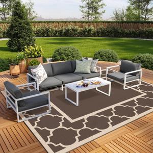 GENIMO 10 ' x 14 ' Outdoor Rug Waterproof for Patio Decor, Foldable Reversible Plastic Straw Area Rugs Mat for Camper, Outside Carpet for Rv, Deck, Porch, Picnic, Beach, Balcony, Coffee & Beige
