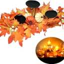 Fall Candle Holder Centerpiece for Table with Lights 3 Wick Candle Holde with Big Pumpkins Cute Berries and Rich Maples Autumn Decorations for Table Centerpiece Dining Room Desktop Indoor Home Decor