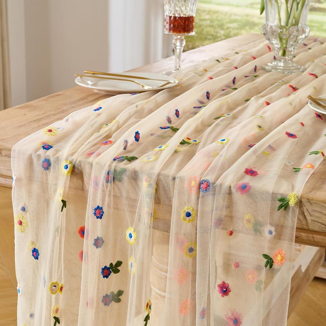 BINBE 3pcs Champagne Daisy Spring Table Runner Embroidery Gauze 10FT Florals Seasonal Tulle Holiday Birthday Kitchen Dining Table Decor for Home Party