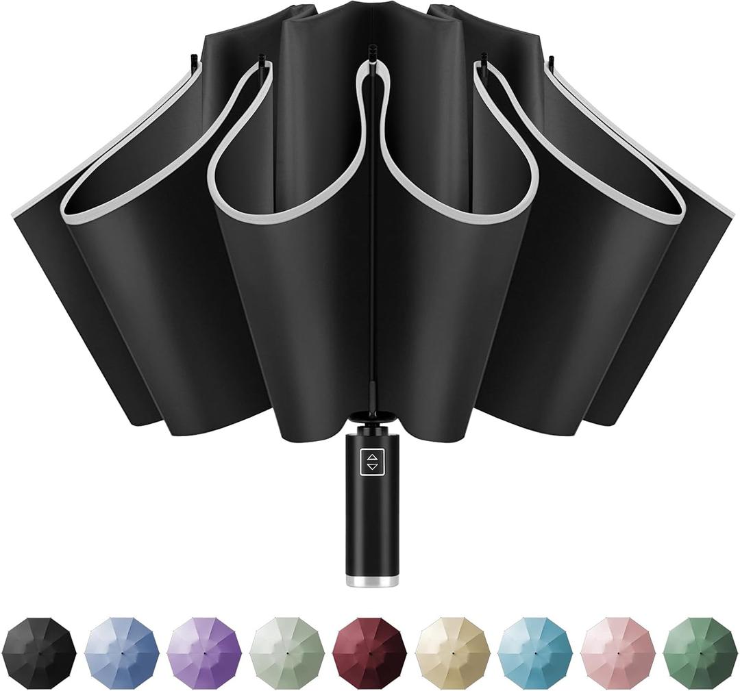 Yoobure Inverted Windproof Travel Umbrella - Automatic Umbrellas for Rain, Compact Folding with Reflective Stripe, Portable Large for Backpack, Lightweight with Sun UV Protection (Black)