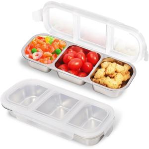 Stainless Steel Snack Containers with Lids, 2 Pack Grab and Go Metal Snack Containers, 3 Compartment Reusable Stainless Steel Snack Box for Food Lunch Meal Prep (3 Compartment 2 PCS)