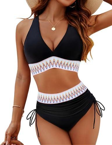 Blooming Jelly Women High Waisted Bikini Sets Tummy Control Swimsuits Color Block Two Piece Drawstring Bathing Suit M
