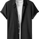 OYOANGLE Men's Textured Short Sleeve Button Down Shirts Basic Work Casual Collared Shirt Tops (Black)