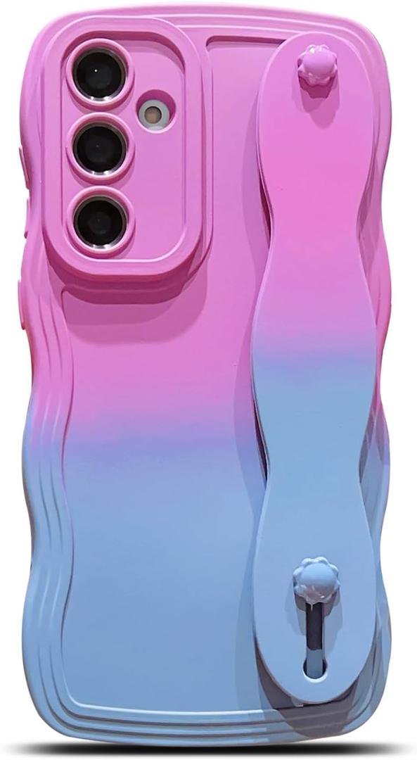 YYDSUNYfor Samsung Galaxy S24 FE Case 6.7" with Wrist Strap Stand, Cute Wavy Curly Camera Lens Cover Gradient Color Soft Silicone Shockproof Phone Case for Women Men (Purple Gray)
