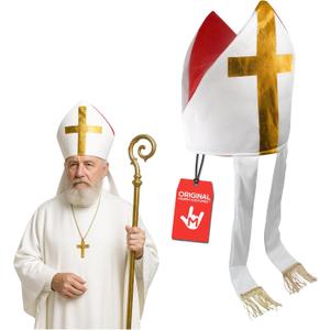 Adult Bishop Hat - Catholic Cardinal Priest Pope Hats - Saint Mitre Halloween Costume Accessory, Red White, One Size