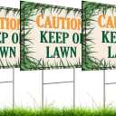 Set of 3 Double Sided 12x8 Inches Plastic Sign With H-Stakes "Caution Keep of Lawn" - Keep Grass Stay Treated Lawn - No Pets on Chemically Treated Yard - Please Do Not Spray Wildlife Habitat