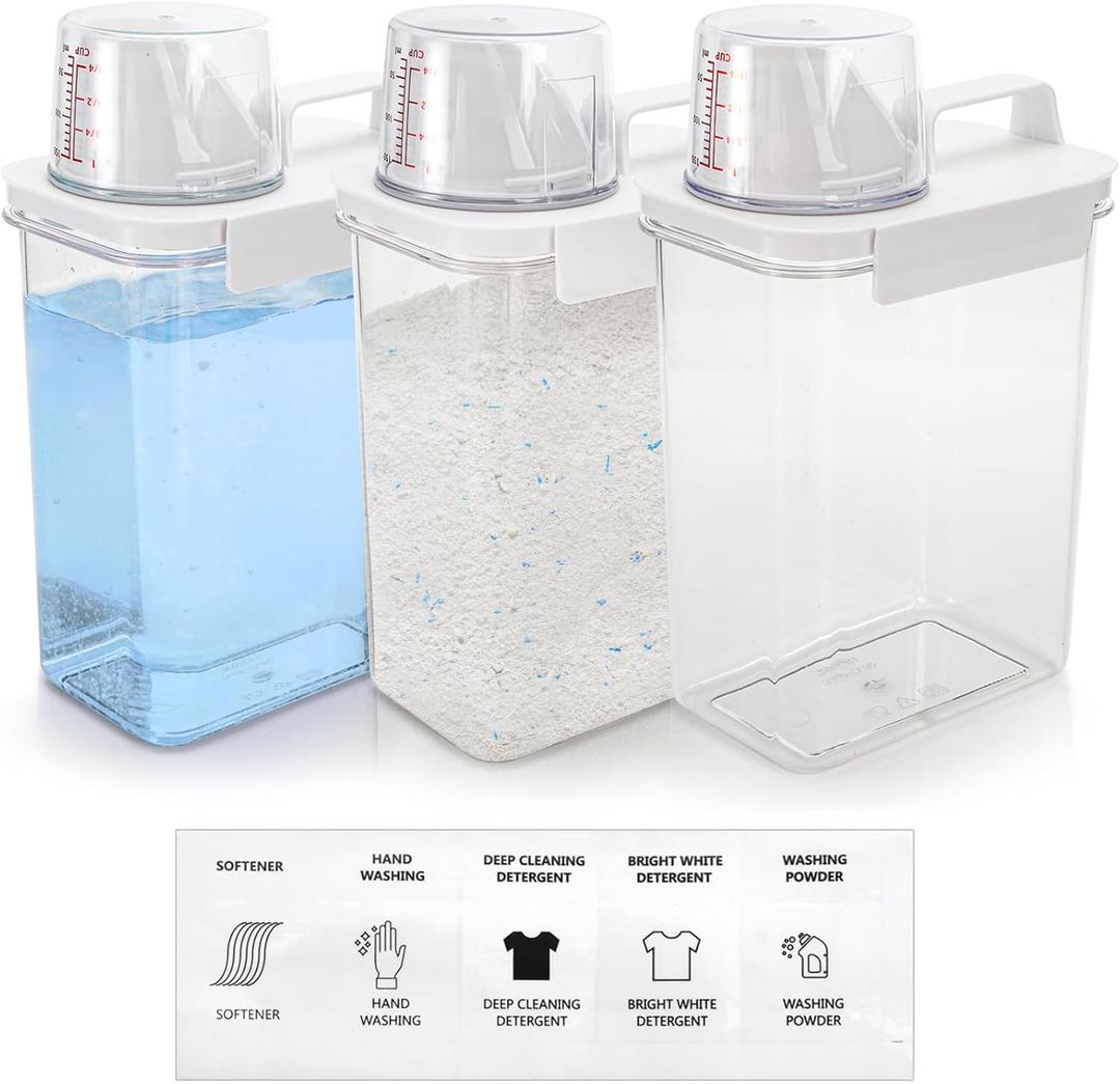 3 Pack Liquid Laundry Detergent Dispenser, 61 Oz Laundry Soap Containers with 15 Removable Labels, Clear Plastic Laundry Powder Dispenser Fabric Softener Holder for Laundry Room
