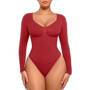 FeelinGirl Women's Long Sleeve Shapewear Bodysuit for Tummy Control Seamless Body Suits Thong V Neck Going Out Tops (Medium)