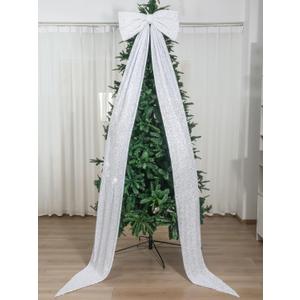 Knitgrip Big Bow Decor 118x28 Inch Velvet Sequin Bow for Wedding Wall Backdrop Extra Large Glitter Giant Tree Topper Huge Oversized Decoration for Room Front Door Party Backdrop Birthday(White)