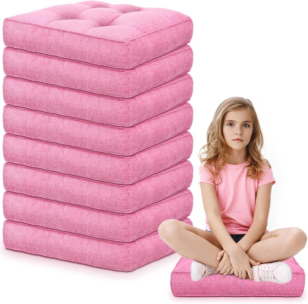 Fumete 8 Pcs Square Floor Pillows for Kids and Adult 16''x16'' Flexible Seating Floor Cushion for Classroom Multicolor Meditation Cushions for Home Daycare Preschool Yoga Meditation (Pink)