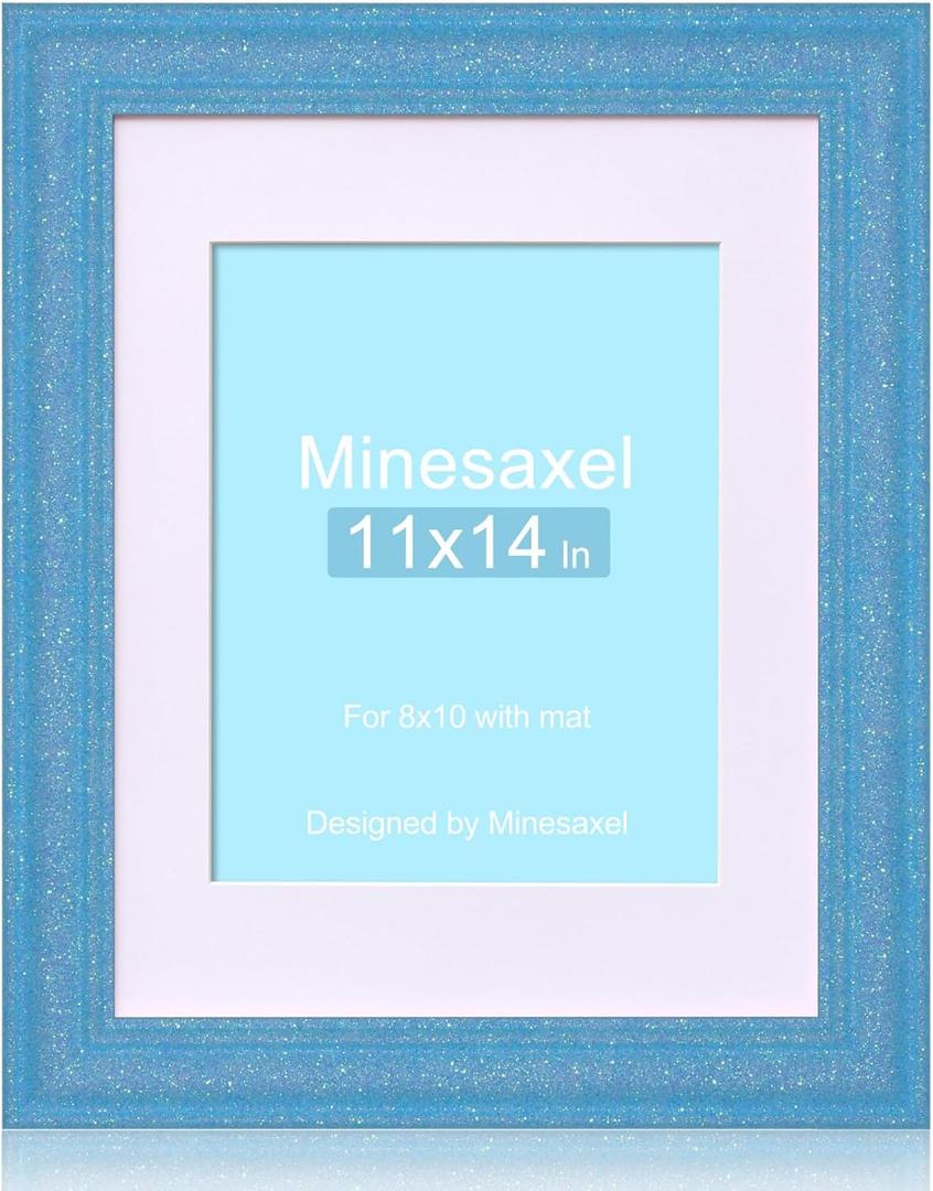 11x14 Glitter Picture Frame with Mat for 8x10, HD Real Glass Pastel Sparkle Photo Frames, Colorful Cute Fun or Unique 11 by 14 Artwork Frame for Tabletop or Wall Display Blue 1 Pack