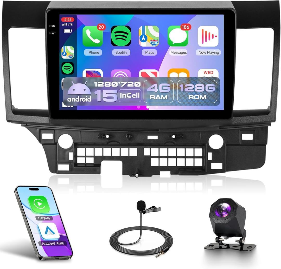 4Core 4G+128G Android 15 Car Stereo Radio for Mitsubishi Lancer 2008-2017, Rimoody Wireless Carplay Andorid auto Mirror Link 10'' INCELL Touchscreen GPS WiFi Bluetooth 5.0 FM/RDS EQ SWC Backup Camera