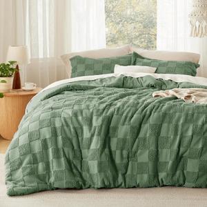 Bedsure King Size Comforter Set Green, Boho Tufted Bed Set, Checkered Farmhouse-Style Distressed Vintage Bedding, 3 Pieces, 1 Plaid Geometric Comforter and 2 Pillow Shams
