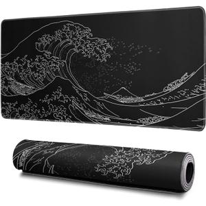 Japanese Gaming Mouse Pad Abstract Black Mouse Pad 31.5x11.8 Inch Black Sea Wave Texture Non-Slip Rubber Base Large Ocean Mousepad Stitched Edges Keyboard Mouse Mat Desk Pad for Office and Home