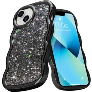 Micoden for iPhone 14/iPhone 13 Case, Cute Bling Glitter Sparkly for Women Girls Slim Protective Durable Curly Wave Edge Plating Shockproof Camera Protection Phone Case for iPhone 14/13, Black