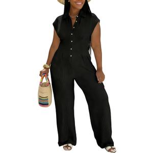 Jumpsuits for Women Sexy Button Up One Piece Jumpsuit Casual Wide Leg Pants Rompers Summer Jumpsuits Club Outfits (Black, M)