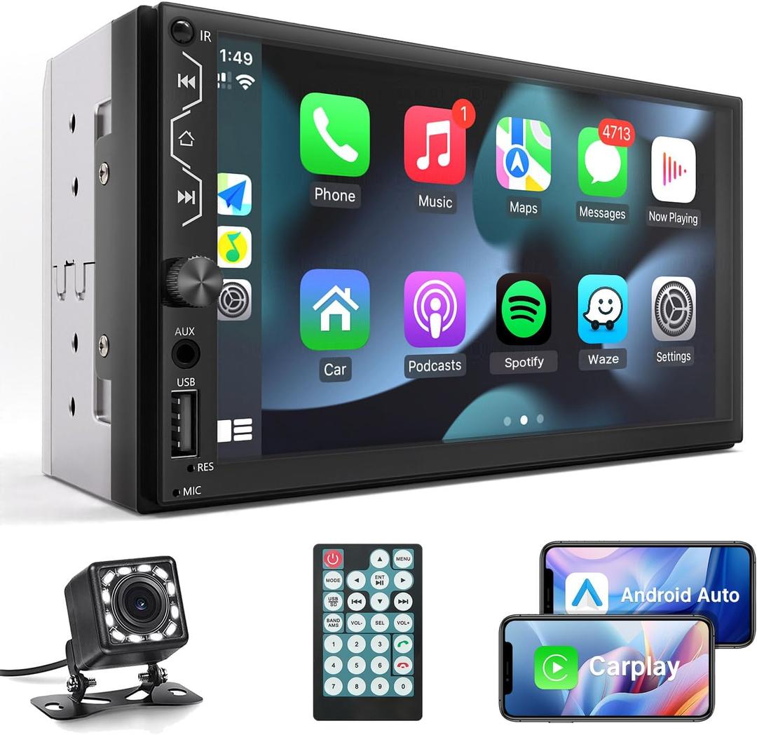 Leadfan Double Din Car Stereo with Apple Carplay and Android Auto, 7 Inch Full HD Touchscreen Car Radio Bluetooth, Car Stereo with Backup Camera, Support Mirror Link/Steering Wheel/USB/AUX/Subwoofer