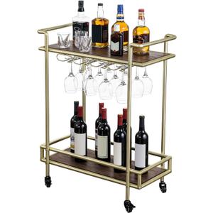 MyGift 2 Tier Rolling Bar Cart, Vintage Brass Tone Metal Cocktail and Trolley with Burnt Wood Shelf Trays, Glass Stemware Holder Rack and Lockable Wheels MyGift 2 Tier Rolling Bar Cart, Vintage Brass Tone Metal Cocktail and Trolley with Burnt Wood Shelf Trays, Glass Stemware Holder Rack and Lockable Wheels