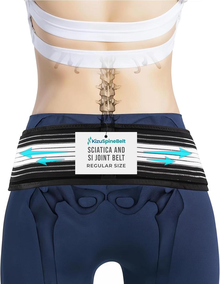Kizu Relief Belt Sciatica Pain Relief Devices Lower Back Brace, and SI Joint Support  Adjustable Back Support Belt for Sciatic Pain Men & Women, Hip Compression Wrap (Regular, Plus) (Hip Size 30-47 Inches)