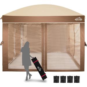 Canopy Tent with Netting Screen,10x10 Easy Pop Up Gazebo for Outdoor Parties,Camping,Foldable Patio Gazebo with Roller Bag and 4 Sandbags(Brown)