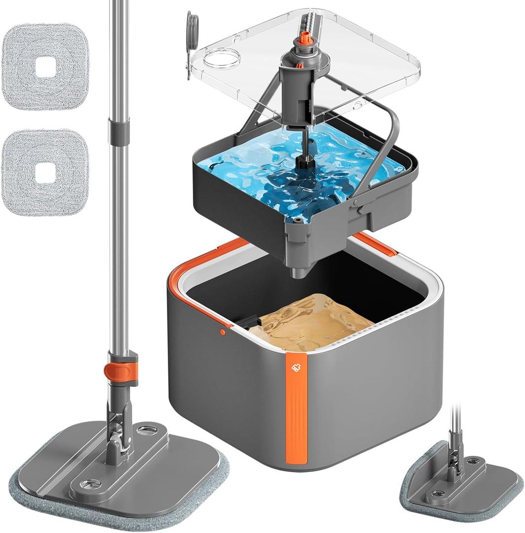 Upgraded Spin Mop and Bucket Set Self-Standing Mop Bucket Separate Dirty and Clean Water System Self Wringing 360 Rotating 90 Foldabl Mops and Buckets for Floor Cleaning (Dark Gray, 2Pads)