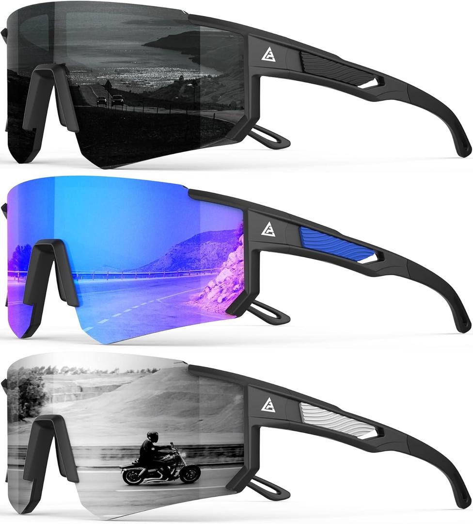 Polarized Sports Sunglasses for Men Women, UV400 Protection Mens Sunglasses Wrap Around Sun Glasses for Cycling Running (A03-grey/Drak Blue/Sliver)