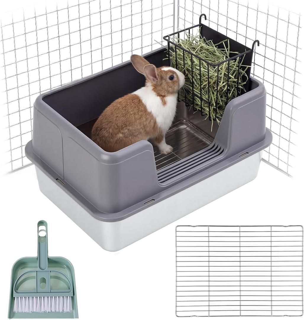 Zonon Extra Large Rabbit Litter Box, 23.6" L x 15.7" W x 12.4" H Stainless Steel Rabbit Litter Box with Lid, Hay Feeder with Hooks, Footed Metal Grid, Easy to Clean for Medium and Large Rabbits