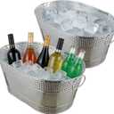 2 Pack Galvanized Ice Bucket, 4 Gallon Large Galvanized Beverage Tub Ice Bucket for Parties, Thick Metal Beverage Buckets with Handles, Oval Drink Buckets for Parties (Oval Sliver-2PCS)