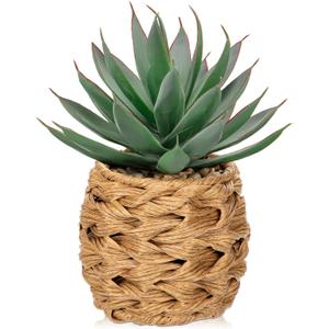 Briful Succulents Plants Artificial for Home Decor, Realistic Potted Fake Agave Plant in Wicker Basket, Cute Aloe Maguey Faux Plant, Shelf Tables Decor, Modern Farmhouse Home Decorations