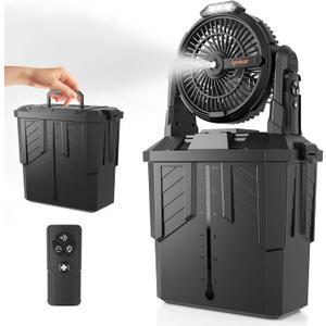 lynker Portable Misting Fan with Remote, Camping Fan with 20000mAh Rechargeable Battery Operated, 6L Water Tank, 3 Speed Levels, 2 Spray Modes, Hanging & Lighting for Outdoor Indoor Cooling (Black)