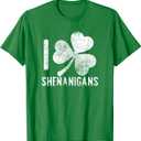 Funny I love Shenanigans Shirt Vintage Distressed Shamrock T-Shirt (Green, L)
