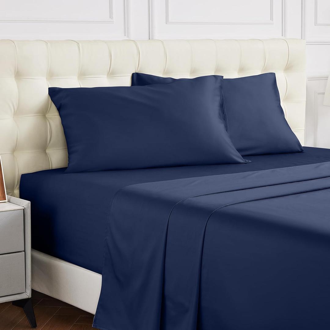 Warmstar 100% Cotton Twin Sheet Set,600 Thread Count Cotton Bed Sheets Sateen Soft Cotton Twin Size Sheet Set Deep Pocket, 4 Pc Bed Sheet Set -1 Flat Sheet, 1 Fitted Sheet,2 Pillowcases,Navy