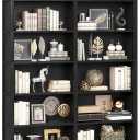 TVU 6-Tier Wood Book Shelf, 47" Wide Large Bookcase and Bookshelf, 76" Tall Bookcase with Storage, Freestanding Wood Display Book Shelves for Living Room, Home Office, Black