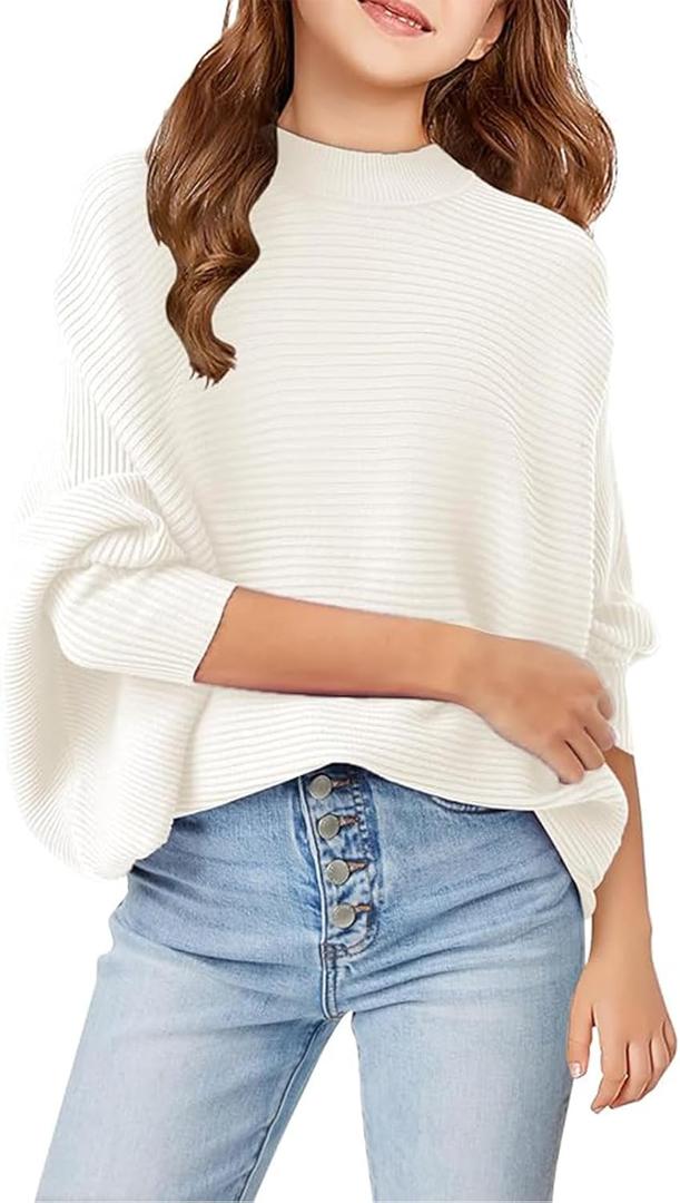 Girls Oversized Pullover Sweater Kids Fashion Batwing Long Sleeve Ribbed Knit Fall Tops (130, White)