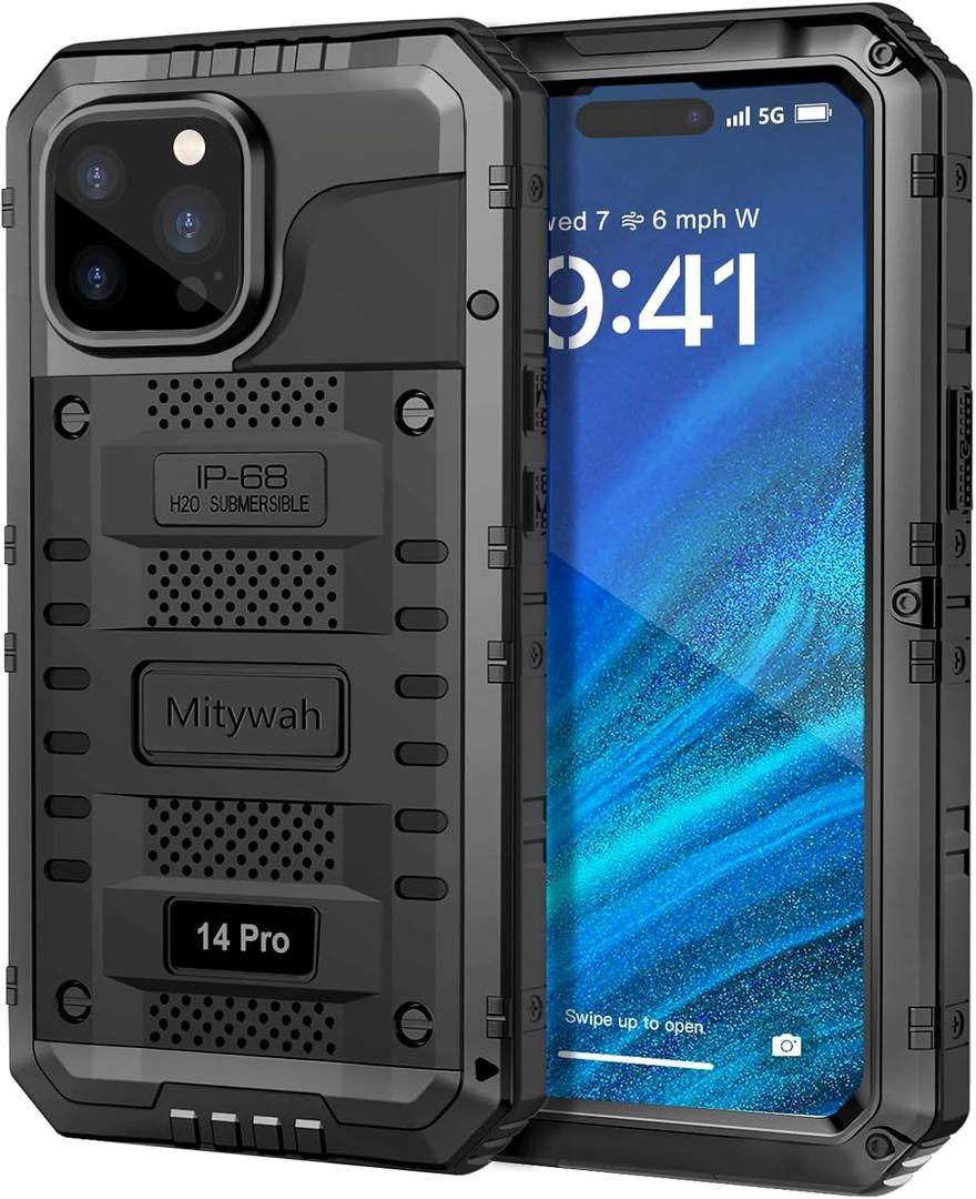 Mitywah Waterproof Case for iPhone 14 Pro, Heavy Duty Shockproof Case with Built-in Screen Protector, Full Body Underwater Protective Metal Case 6.1 inch, Black