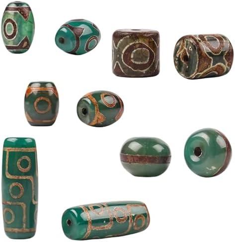 HannaFires 5-Piece Deep Green Agate Three-Eyed Dzi Beads Set - Tibetan Natural Raw Stone Beads for DIY Necklace Pendant Jewelry Making & Spiritual Accessories