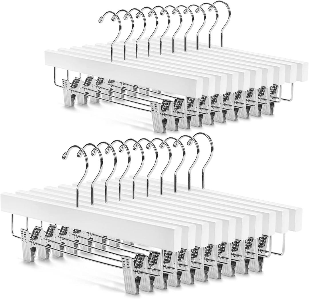 Nature Smile Deluxe Wooden Pants Hangers Solid Wood Bottom Jeans Hanger Skirt Hanger with 2-Adjustable Clips Pack of 20 , White 