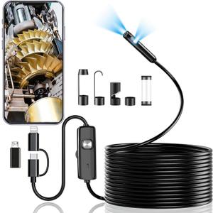 Dual-Lens Endoscope Camera with Light, 1920P HD Borescope with 8 Adjustable LEDs, 16.4FT Semi-Rigid Snake Cord, IP68 Waterproof Inspection Tool for iPhone, Android, Automotive, Plumbing, HVAC (7.9mm)
