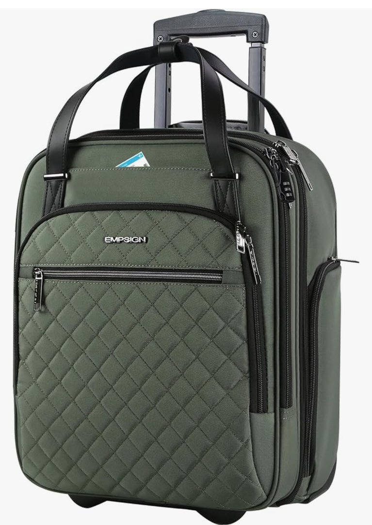 EMPSIGN Underseat Carry On Wheeled - 16" Carry on Bag with Wheels Multi-functional Lightweight Rolling Bag Overnight Weekender Small Suitcase for Women Men Travel Business, Army Green