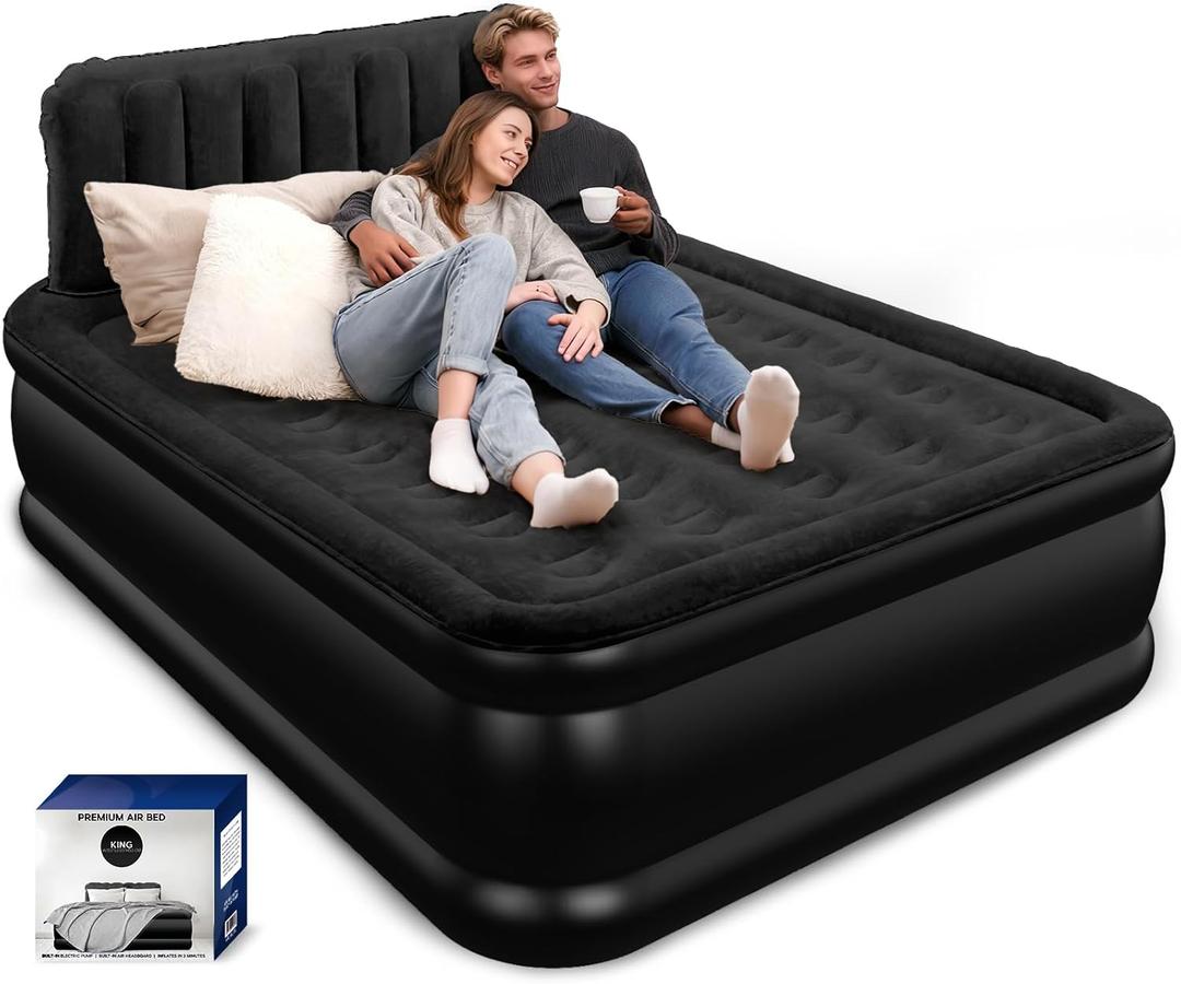 Queen Air Mattress with Headboard, Built-in Pump, 800 lbs Support, Quiet Noiseless Design, 48-Hour Leak-Tested, 3.5 Min Fast Inflation, Portable Blow Up Bed with Carry Bag for Home, Guests & Camping