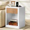 CHOEZON Fluted Nightstand with Charging Station, White and Natural, 15.7"D x 18.9"W x 24.2"H