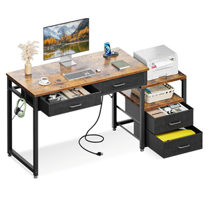 AODK Computer Desk with 4 Drawers & Power Outlet, 53 Inch Reversible Computer Desk with Storage Shelf, Office Desk with Printer Stand, Modern Simple Study Writing Work Table for Bedroom, Rustic Brown