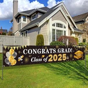 2025 Graduation Decorations Congrats Grad Class of 2025 Banner - Black and Gold Yard Sign Backdrop Hanging Decorations for Indoor Outdoor Party Supplies