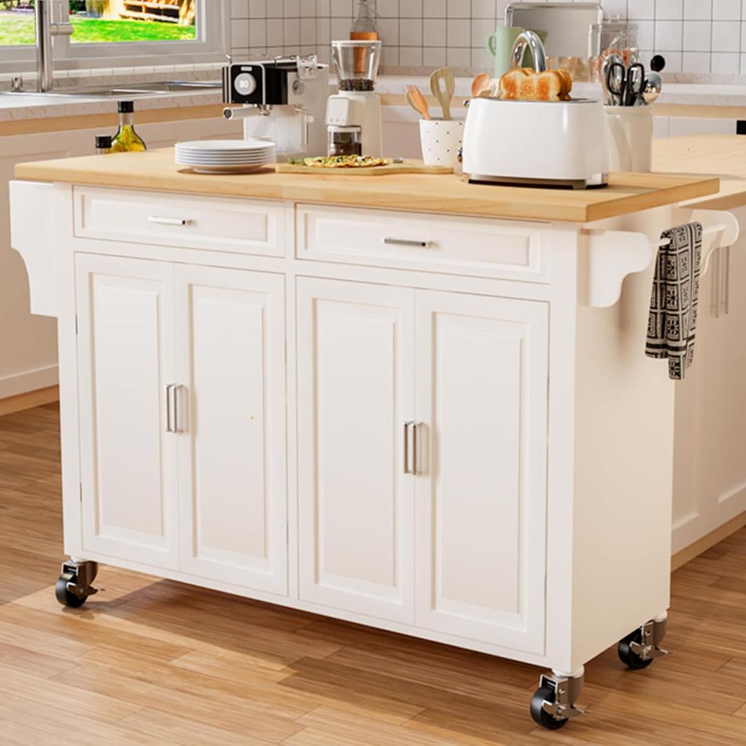 Kitchen Island with Storage 54" Large Rolling Kitchen Island Cart On Wheels 2 Cabinets 2 Drawers,Spice Towl Rack Mobile Kitchen Table White (No Drop Leaf)