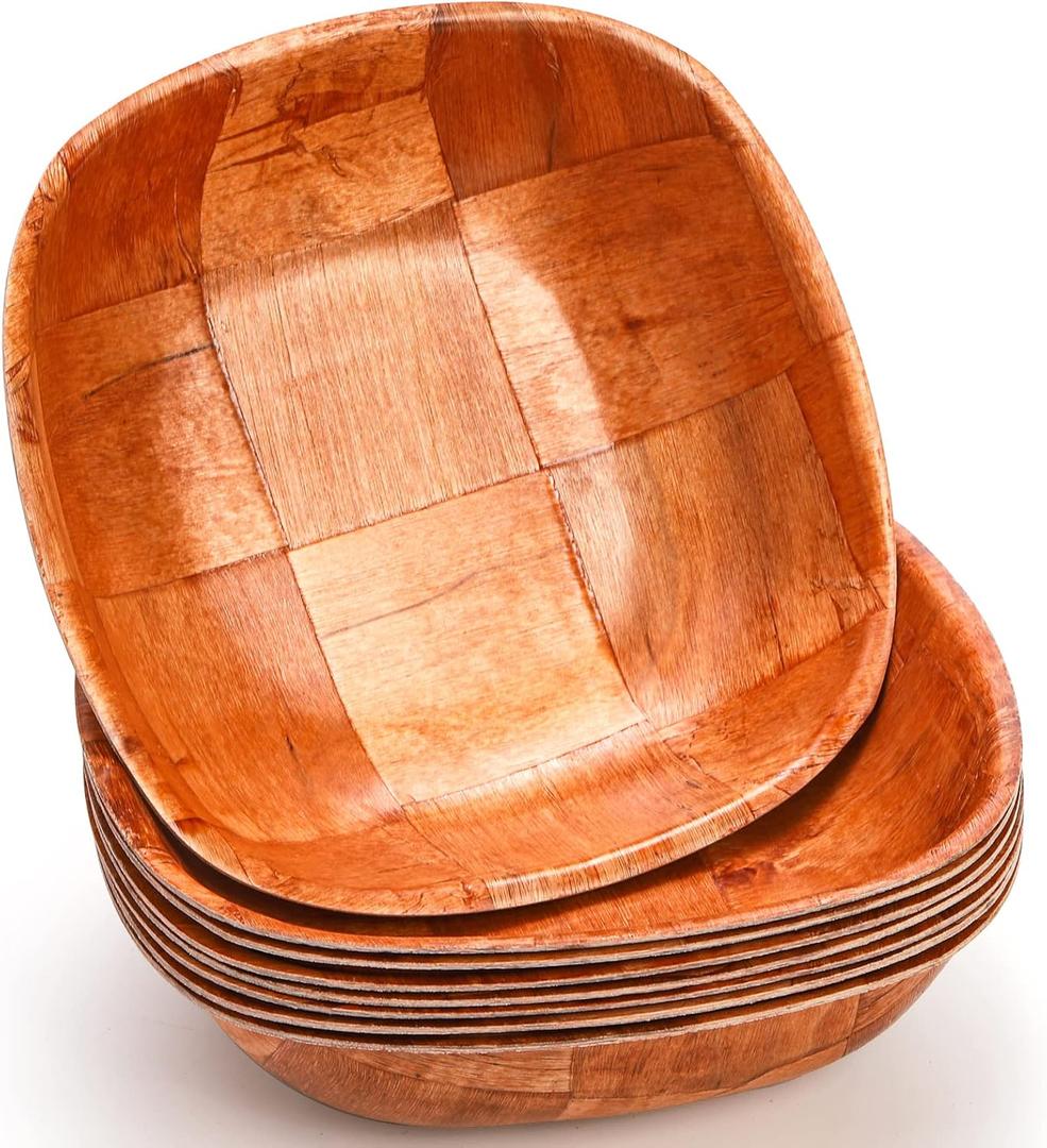 Elsjoy 8 Pack 8 Inch Wooden Woven Salad Bowl, Reusable Square Serving Bowl Woven Wood Mixing Bowl Set, Unbreakable Snack Bowls for Salad, Fruits, Snacks