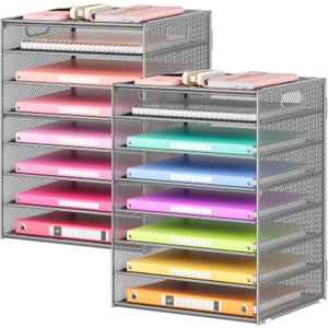 Lavatino 2 Pack 8-Tier Office Desk File Organizer, Letter Tray Paper Organizer with Handle, Including 5 Adjustable Slide Trays for Organizing Desk Workspace Accessories and Supplies (Silver Mesh) (12.7" x 9.2" x 16.5")