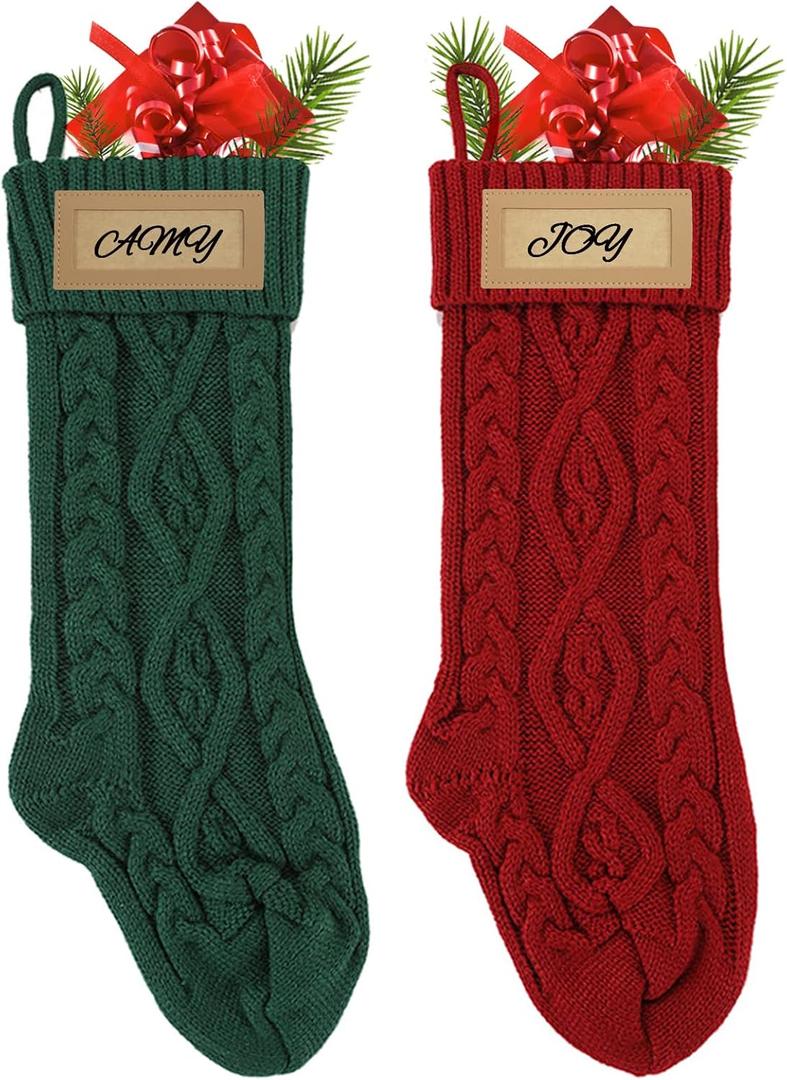 Oeyliz Personalized Christmas Stocking with Leather Patches 18 Inches Custom Name Large Family Christmas Stocking Knitted Stocking 2 Pack Christmas Stocking Set Christmas Decorations (Red+Green)