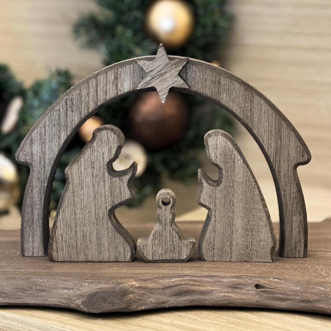 Wooden Nativity Set, 4Pcs Christmas Nativity Scene Miniature Holy Family Figurines, Minimalism Boho Tabletop Christmas Manger Decorations for Indoor Home Mantel Display